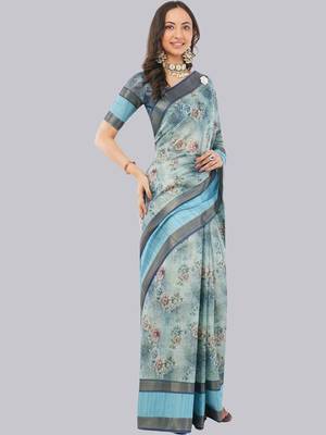 Turquoise polyester printed saree with blouse 3