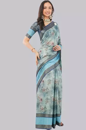 Turquoise polyester printed saree with blouse