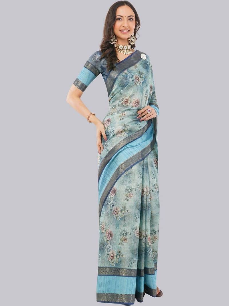 Turquoise polyester printed saree with blouse