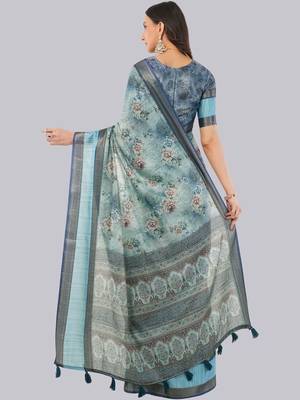 Turquoise polyester printed saree with blouse 4