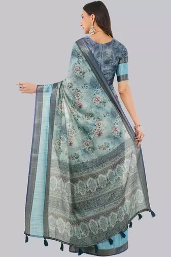 Turquoise polyester printed saree with blouse