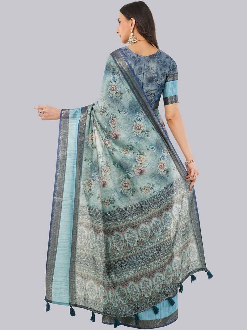 Turquoise polyester printed saree with blouse