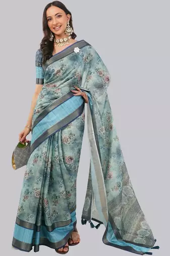 Turquoise polyester printed saree with blouse