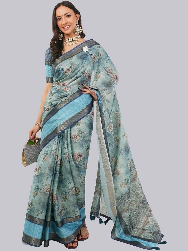 Turquoise polyester printed saree with blouse