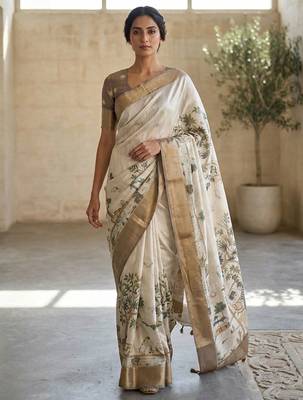 Off white polyester printed saree with blouse 1