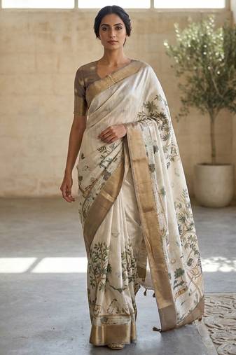 Off white polyester printed saree with blouse