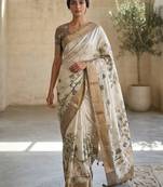 Off white polyester printed saree with blouse