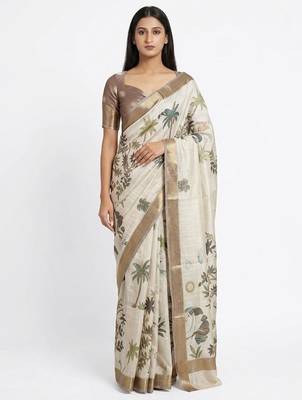 Off white polyester printed saree with blouse 2