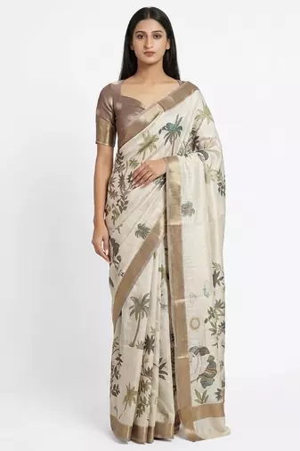 Off white polyester printed saree with blouse