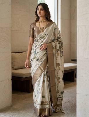 Off white polyester printed saree with blouse 3