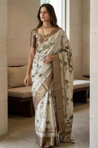 Off white polyester printed saree with blouse