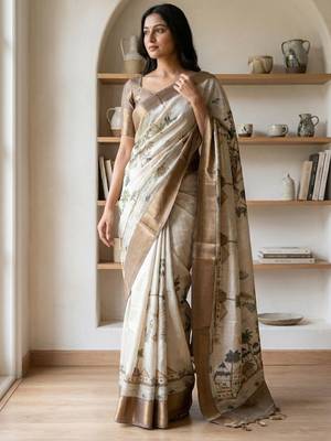 Off white polyester printed saree with blouse 4