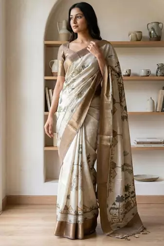 Off white polyester printed saree with blouse