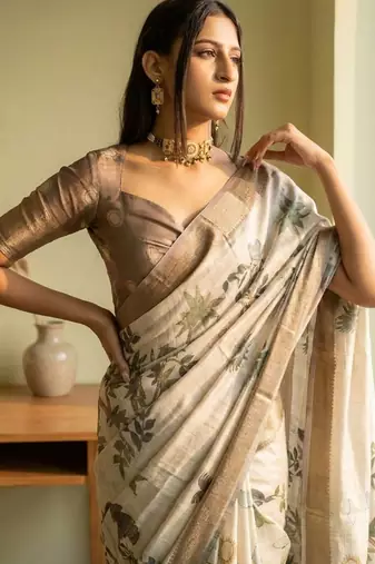 Off white polyester printed saree with blouse