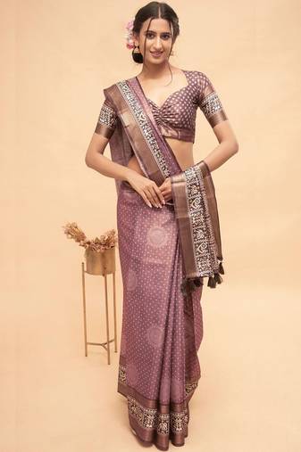 Purple polyester woven design saree with blouse