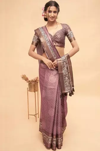 Purple polyester woven design saree with blouse