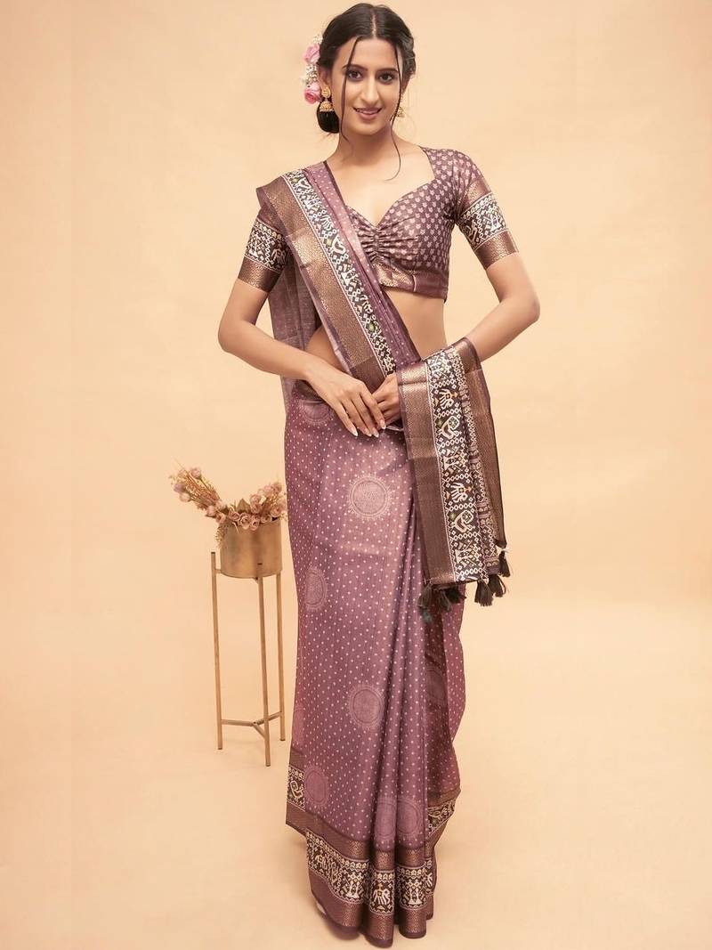 Purple polyester woven design saree with blouse