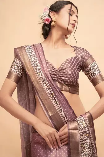 Purple polyester woven design saree with blouse