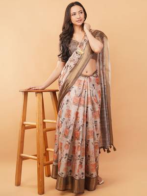 Off white polyester printed saree with blouse 1