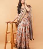 Off white polyester printed saree with blouse