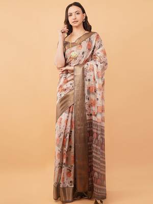 Off white polyester printed saree with blouse 2