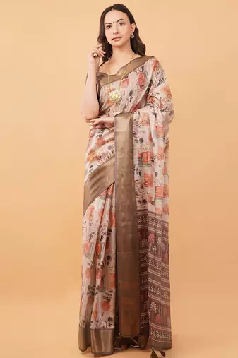 Off white polyester printed saree with blouse