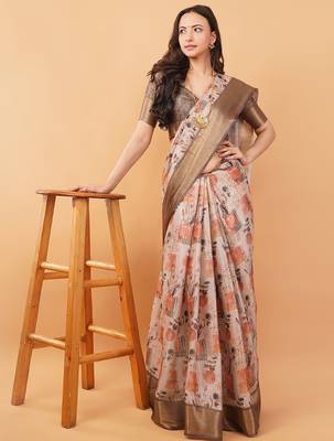 Off white polyester printed saree with blouse 3