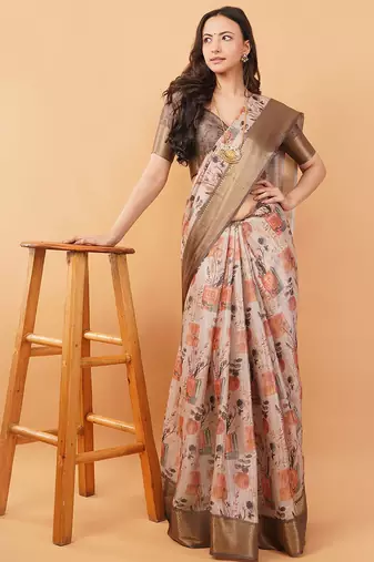 Off white polyester printed saree with blouse