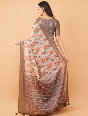 Off white polyester printed saree with blouse 4
