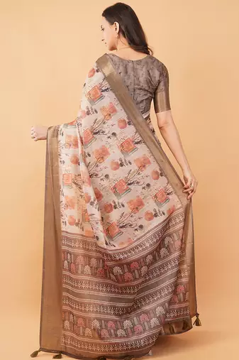 Off white polyester printed saree with blouse