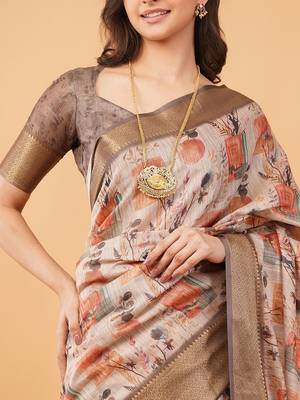 Off white polyester printed saree with blouse 5