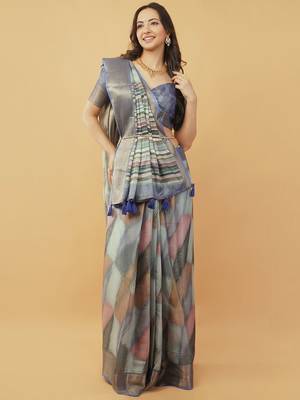 Blue polyester woven design saree with blouse 1