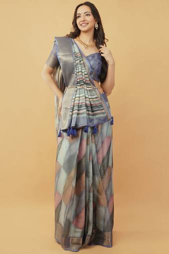 Blue polyester woven design saree with blouse