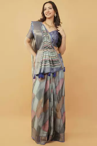 Blue polyester woven design saree with blouse