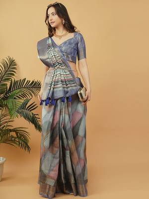 Blue polyester woven design saree with blouse 2