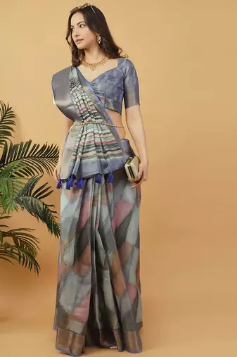 Blue polyester woven design saree with blouse