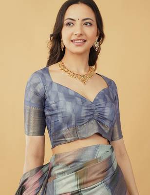 Blue polyester woven design saree with blouse 3
