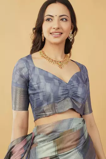 Blue polyester woven design saree with blouse