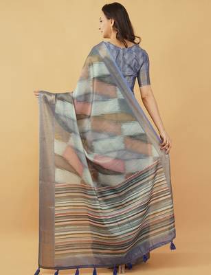 Blue polyester woven design saree with blouse 4