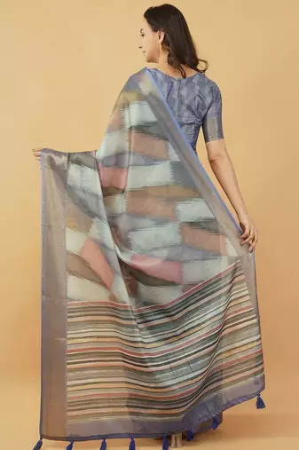 Blue polyester woven design saree with blouse
