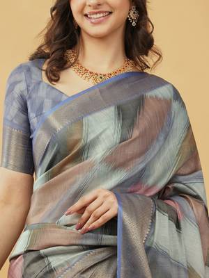 Blue polyester woven design saree with blouse 5