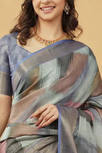 Blue polyester woven design saree with blouse