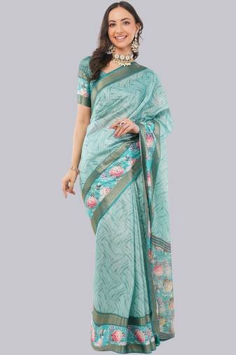Turquoise polyester printed saree with blouse