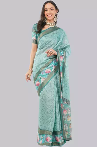 Turquoise polyester printed saree with blouse