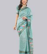 Turquoise polyester printed saree with blouse