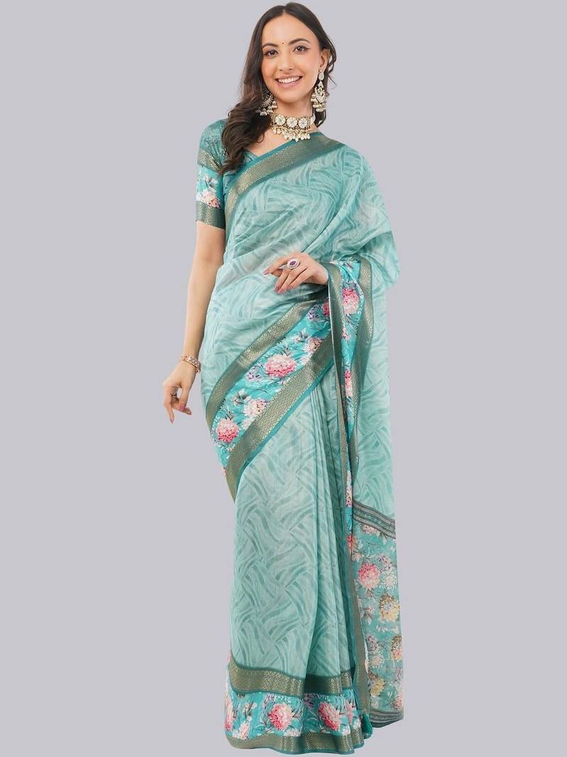 Turquoise polyester printed saree with blouse