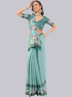 Turquoise polyester printed saree with blouse 2