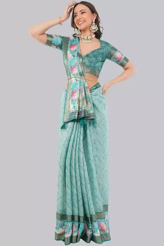 Turquoise polyester printed saree with blouse