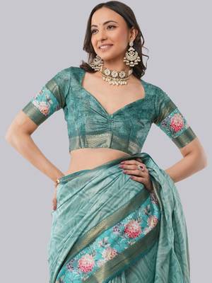 Turquoise polyester printed saree with blouse 3