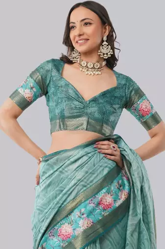 Turquoise polyester printed saree with blouse